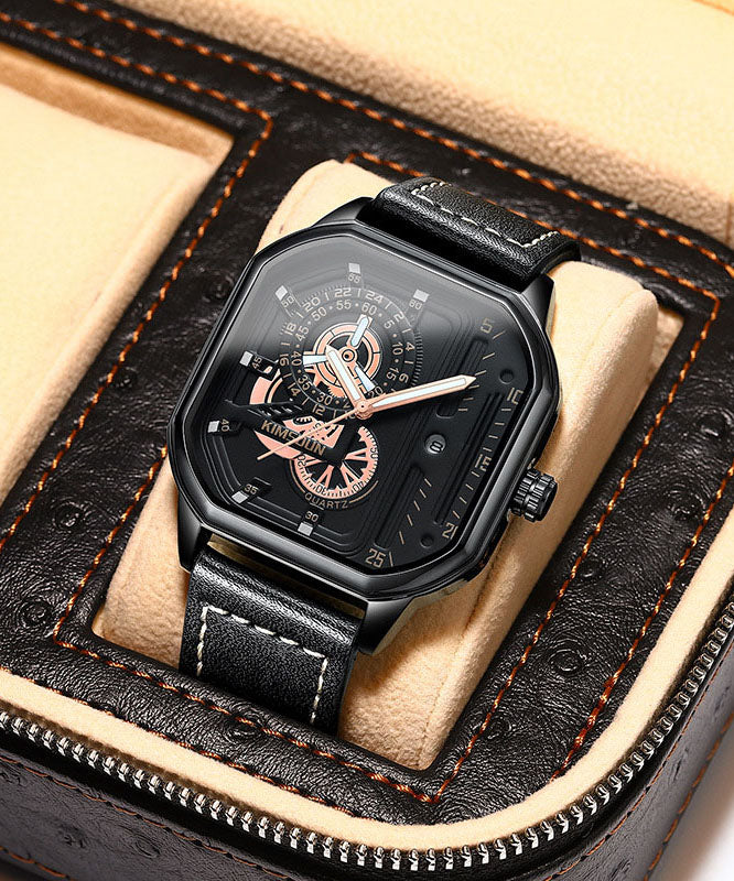 Unique Black Leather Quartz Movement Noctilucent Watches