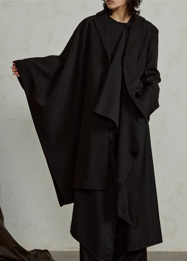 Unique Black Notched Asymmetrical Pockets Long Coats Cloak Sleeves