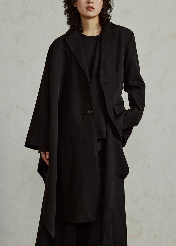 Unique Black Notched Asymmetrical Pockets Long Coats Cloak Sleeves
