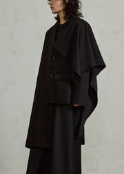 Unique Black Notched Asymmetrical Pockets Long Coats Cloak Sleeves