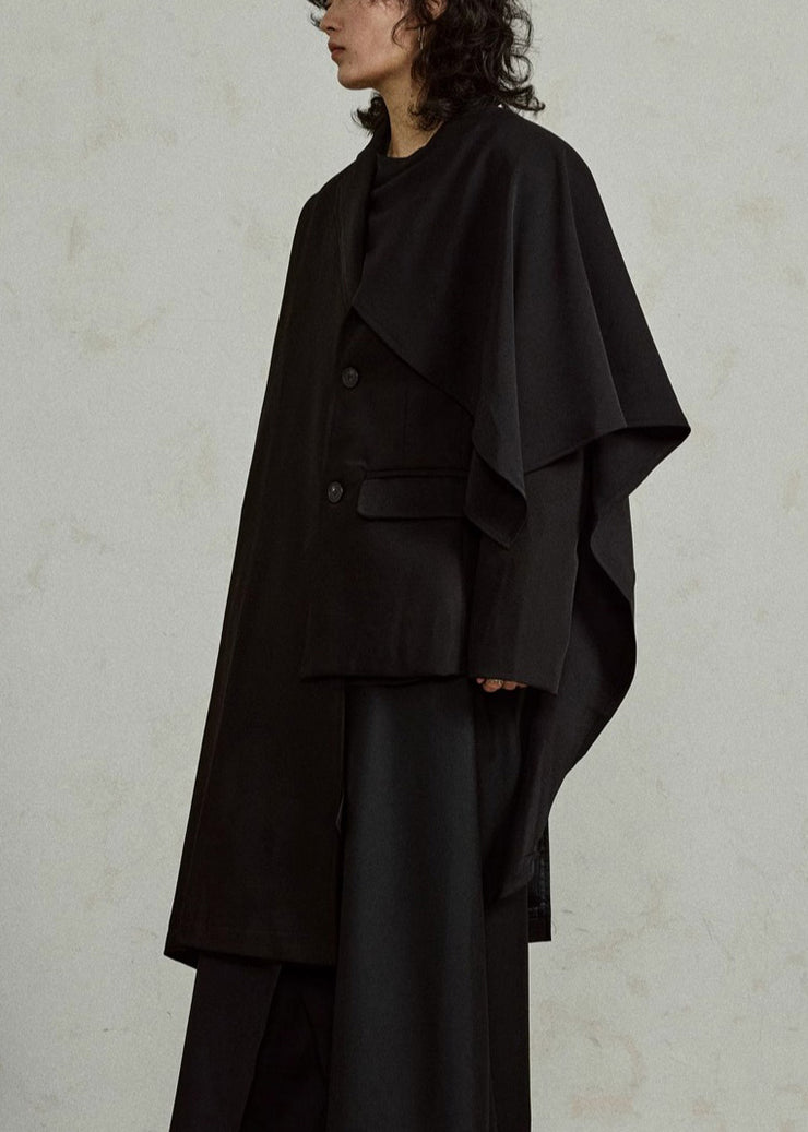 Unique Black Notched Asymmetrical Pockets Long Coats Cloak Sleeves