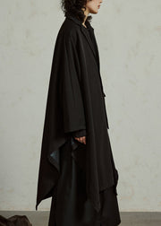 Unique Black Notched Asymmetrical Pockets Long Coats Cloak Sleeves
