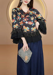 Unique Black Oriental Button Patchwork Silk Blouses Fall