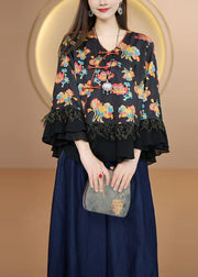 Unique Black Oriental Button Patchwork Silk Blouses Fall