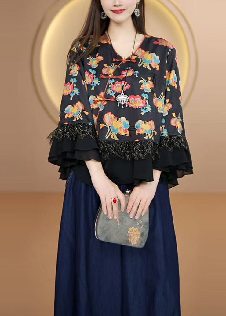 Unique Black Oriental Button Patchwork Silk Blouses Fall
