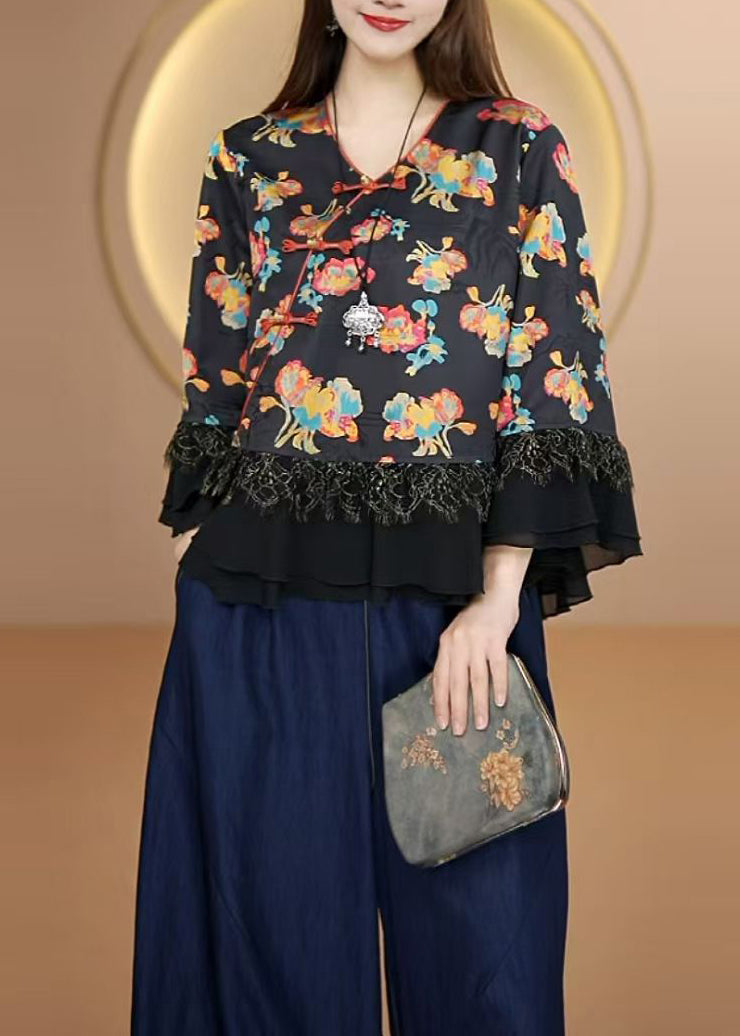 Unique Black Oriental Button Patchwork Silk Blouses Fall