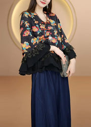Unique Black Oriental Button Patchwork Silk Blouses Fall