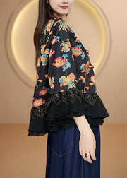 Unique Black Oriental Button Patchwork Silk Blouses Fall
