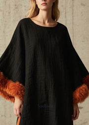 Unique Black Oversized Patchwork Faux Fur Maxi Dresses Flare Sleeve