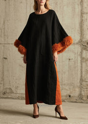 Unique Black Oversized Patchwork Faux Fur Maxi Dresses Flare Sleeve