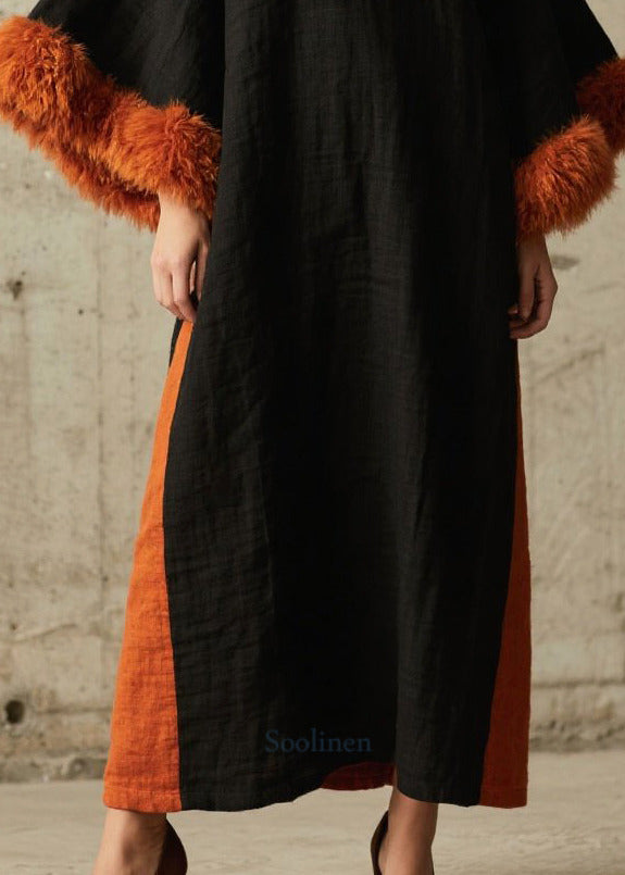 Unique Black Oversized Patchwork Faux Fur Maxi Dresses Flare Sleeve