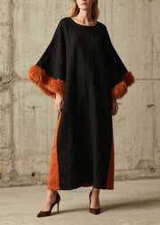 Unique Black Oversized Patchwork Faux Fur Maxi Dresses Flare Sleeve