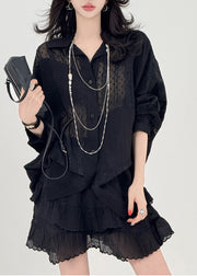 Unique Black Oversized Patchwork Tulle Shirt Spring
