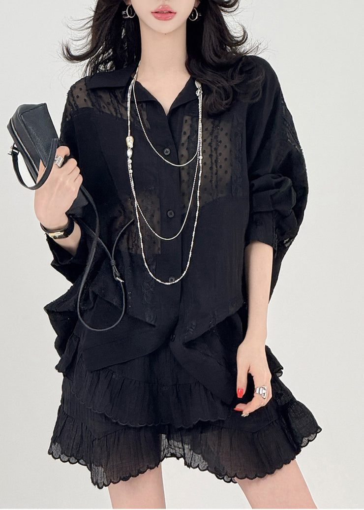 Unique Black Oversized Patchwork Tulle Shirt Spring