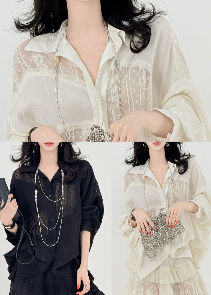 Unique Black Oversized Patchwork Tulle Shirt Spring