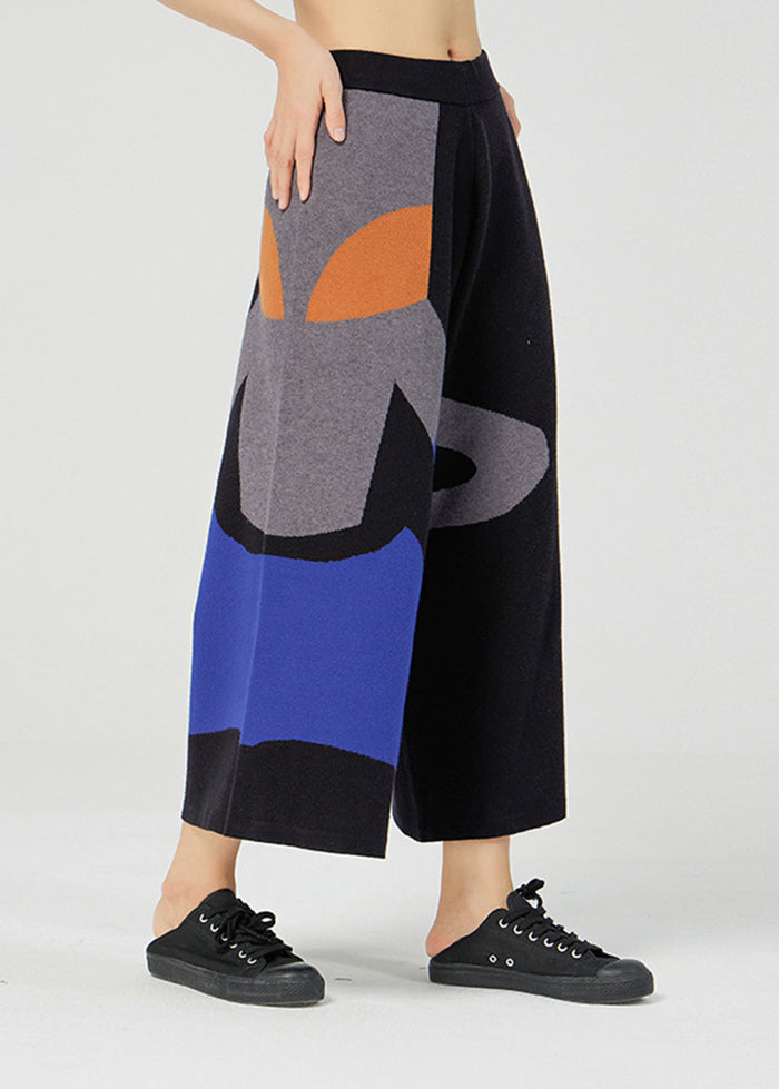 Unique Black Oversized Print Knit Wide Leg Pants Spring