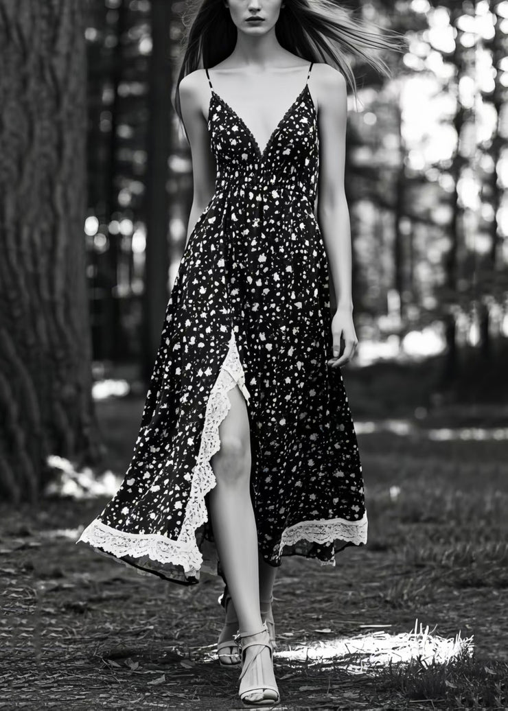 Unique Black Print Side Open Exra Large Hem Cami Dresses Summer