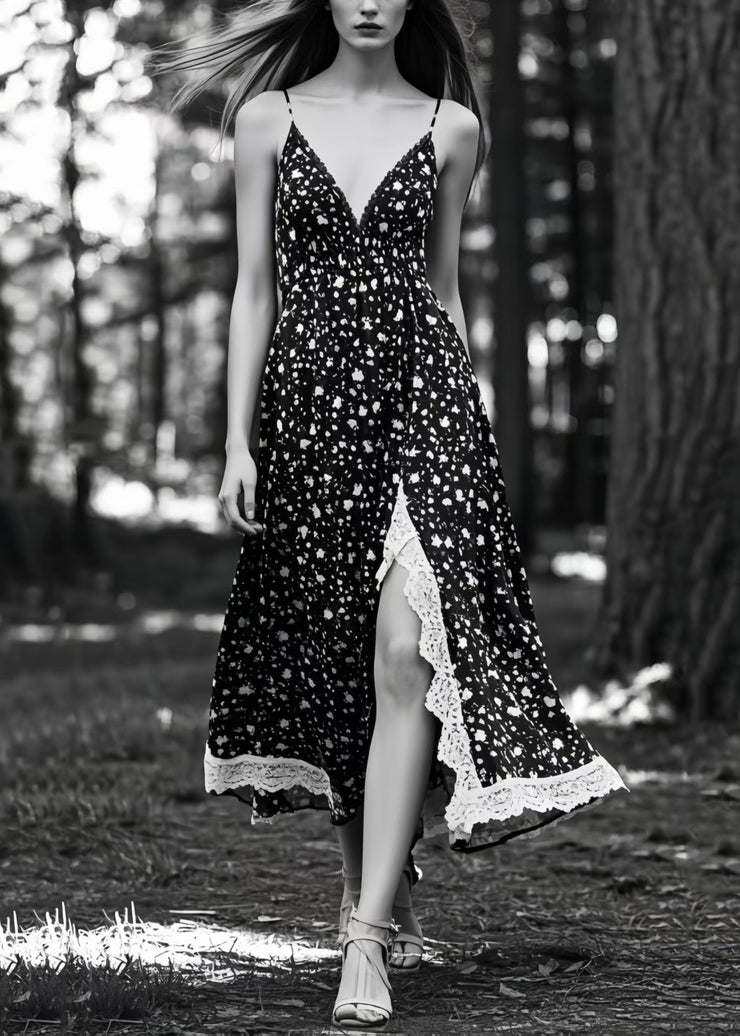Unique Black Print Side Open Exra Large Hem Cami Dresses Summer