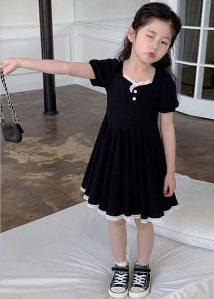 Unique Black Square Collar Lace Patchwork Button Cotton Girls Party Maxi Dress Short Sleeve