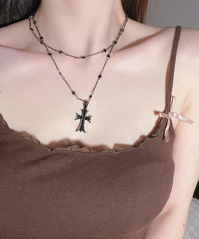 Unique Black Stainless Steel Double-Layer Cross Pendant Necklace