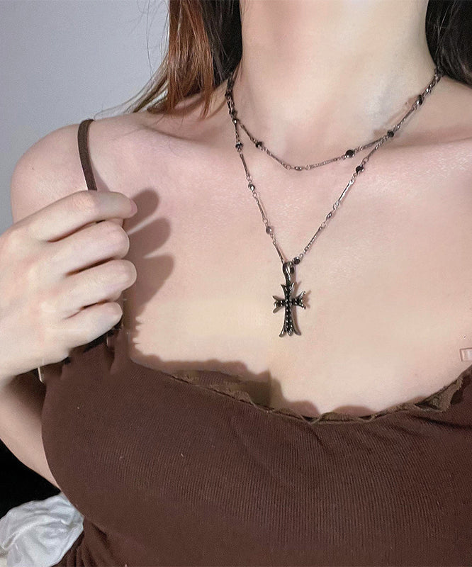 Unique Black Stainless Steel Double-Layer Cross Pendant Necklace