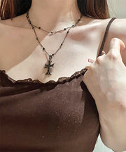 Unique Black Stainless Steel Double-Layer Cross Pendant Necklace
