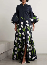 Unique Black Stand Collar Print Button Long Dress Half Sleeve