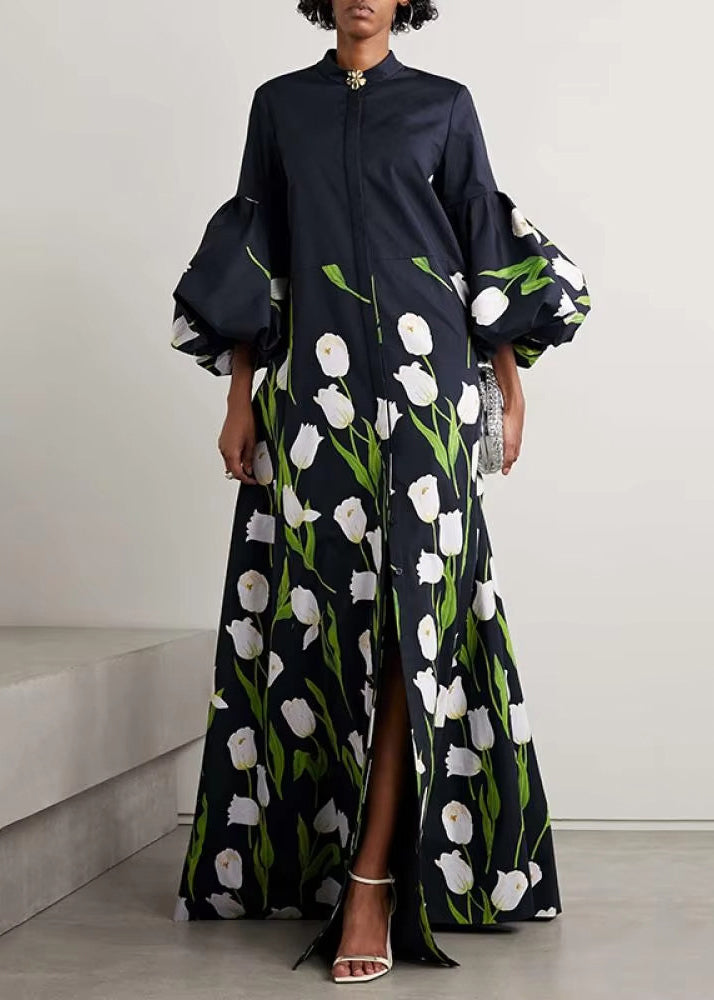 Unique Black Stand Collar Print Button Long Dress Half Sleeve