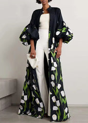 Unique Black Stand Collar Print Button Long Dress Half Sleeve