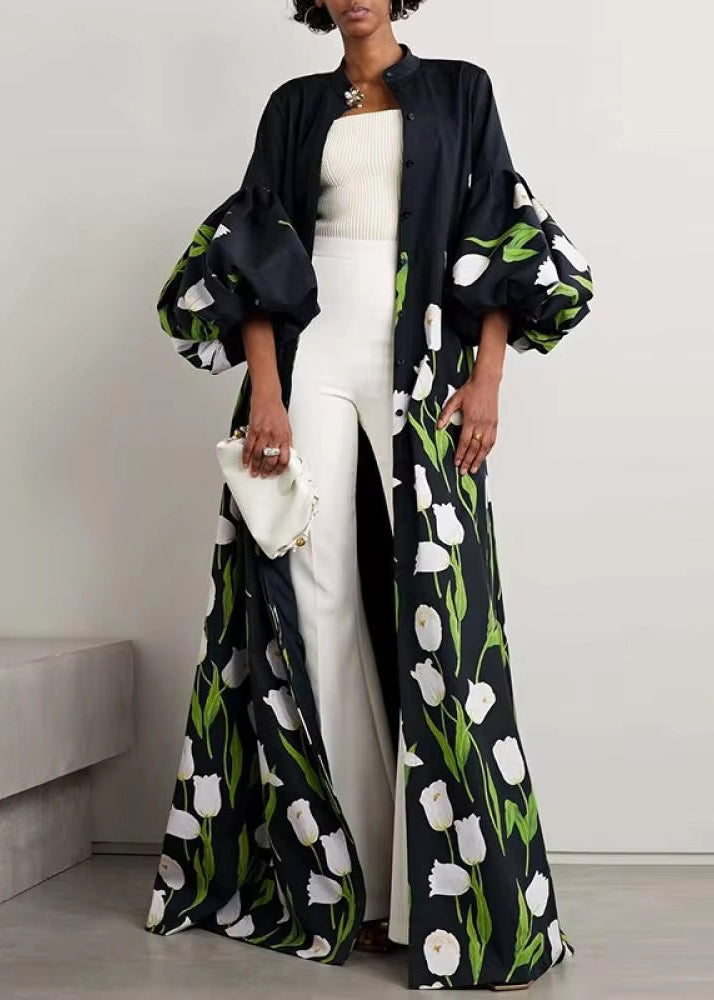 Unique Black Stand Collar Print Button Long Dress Half Sleeve