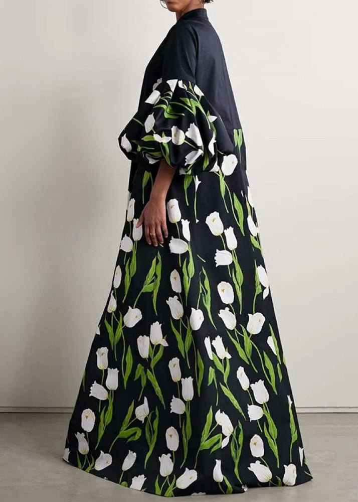 Unique Black Stand Collar Print Button Long Dress Half Sleeve
