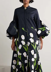 Unique Black Stand Collar Print Button Long Dress Half Sleeve