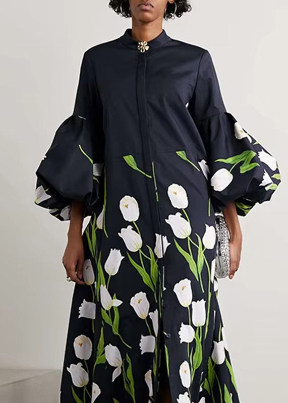 Unique Black Stand Collar Print Button Long Dress Half Sleeve