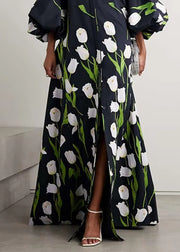 Unique Black Stand Collar Print Button Long Dress Half Sleeve