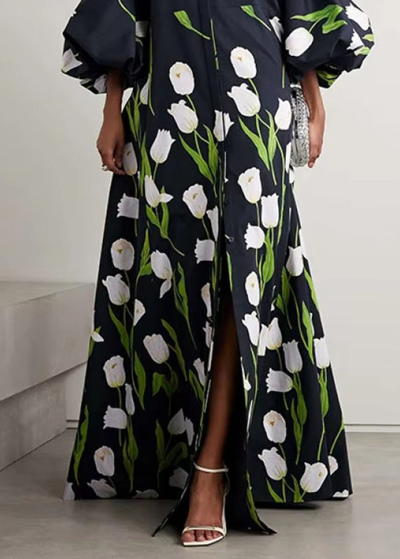 Unique Black Stand Collar Print Button Long Dress Half Sleeve