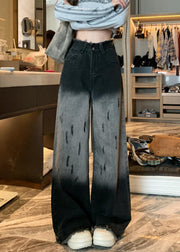 Unique Black Tasseled Gradient Color Denim Wide Leg Pants Fall