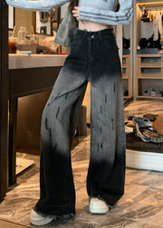 Unique Black Tasseled Gradient Color Denim Wide Leg Pants Fall