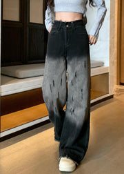 Unique Black Tasseled Gradient Color Denim Wide Leg Pants Fall