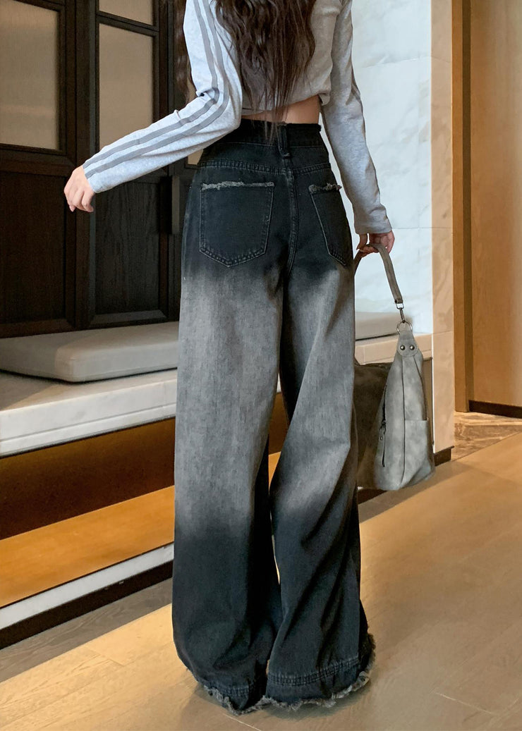 Unique Black Tasseled Gradient Color Denim Wide Leg Pants Fall