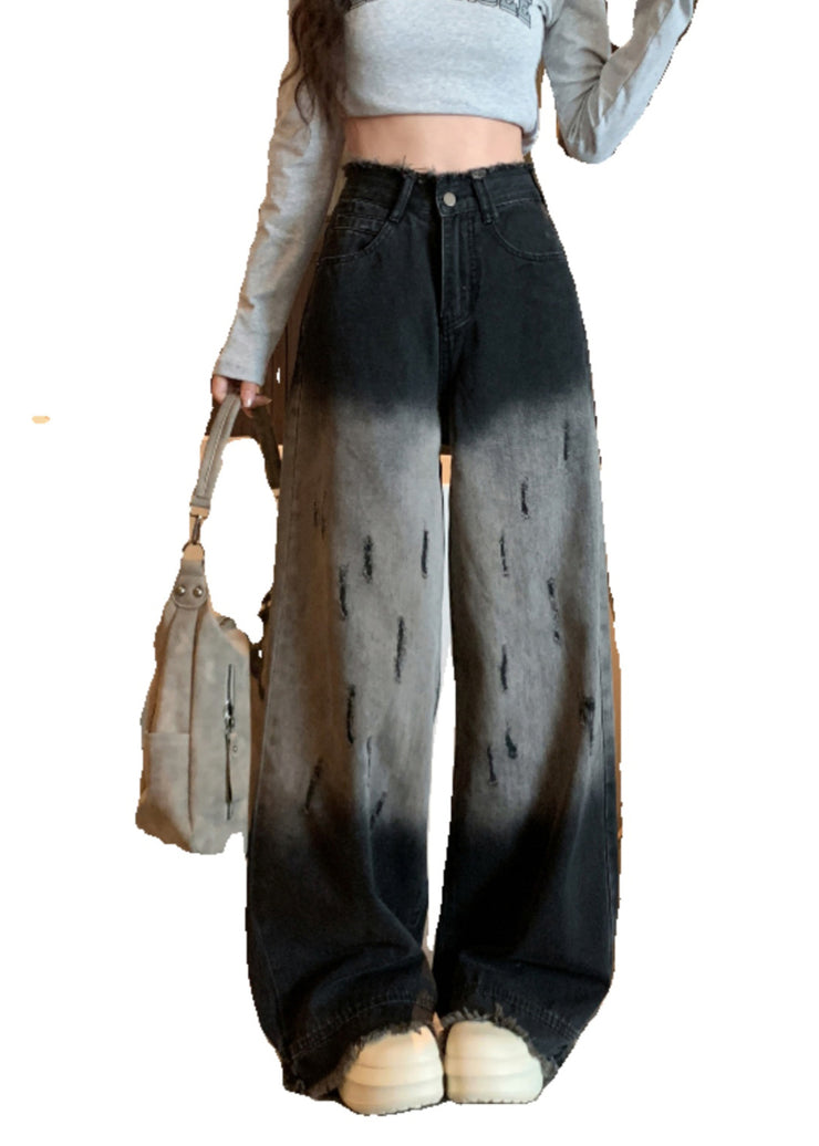 Unique Black Tasseled Gradient Color Denim Wide Leg Pants Fall