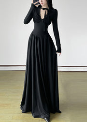 Unique Black V Neck Exra Large Hem Long Dresses Spring