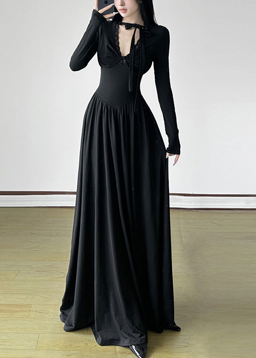 Unique Black V Neck Exra Large Hem Long Dresses Spring