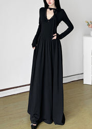 Unique Black V Neck Exra Large Hem Long Dresses Spring