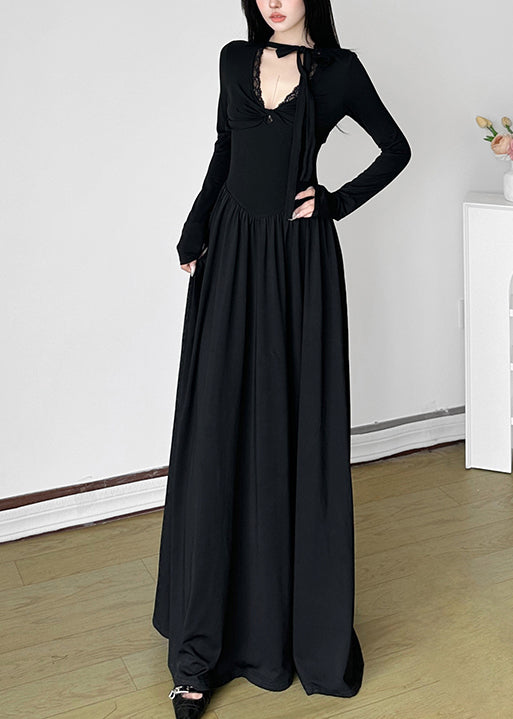 Unique Black V Neck Exra Large Hem Long Dresses Spring
