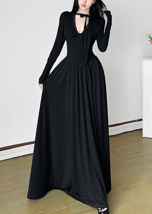 Unique Black V Neck Exra Large Hem Long Dresses Spring