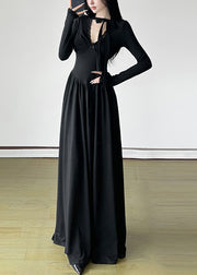 Unique Black V Neck Exra Large Hem Long Dresses Spring