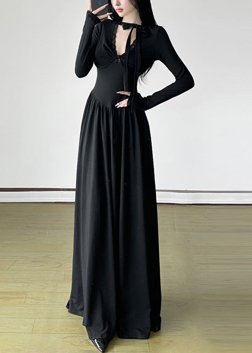 Unique Black V Neck Exra Large Hem Long Dresses Spring