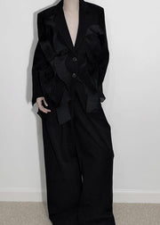 Unique Black V Neck Patchwork Coats And Wide Leg Pants Two Piece Set Long Sleeve