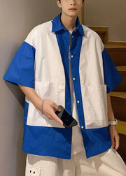 Unique Blue Button Pockets Patchwork Cotton Men Shirt Half Sleeve