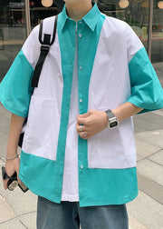 Unique Blue Button Pockets Patchwork Cotton Men Shirt Half Sleeve